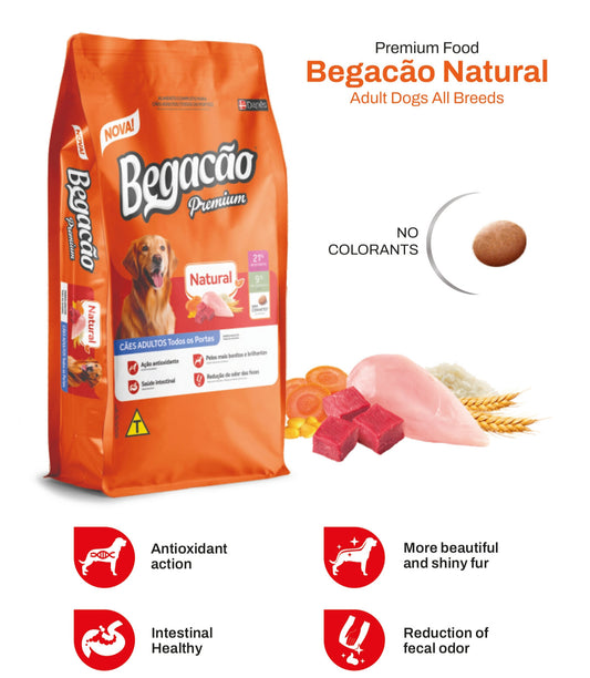 Orange bag of Begacao Natural dog food with product details on a white background