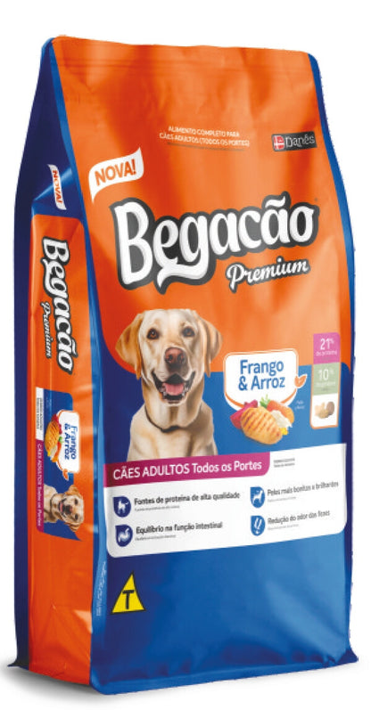 Bag of Begacao Premium dog food (Chicken and Rice) with a blue and orange design.