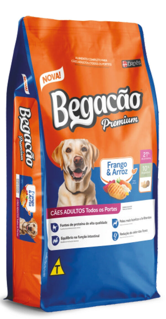 Bag of Begacao Premium dog food (Chicken and Rice) with a blue and orange design.