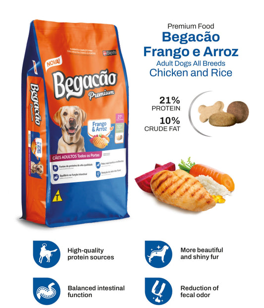 Begacao dog food (Chicken and Rice) package with text and images of dog food ingredients on a white background