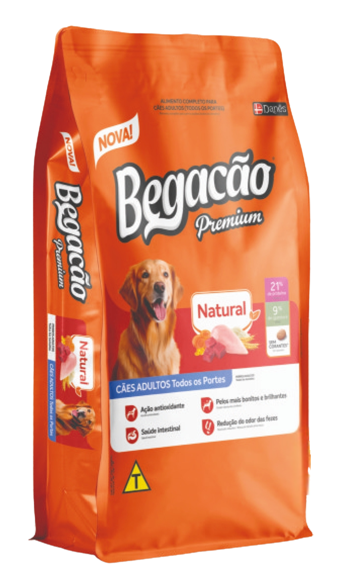Orange bag of Begacao Premium dog food with a dog on the label.