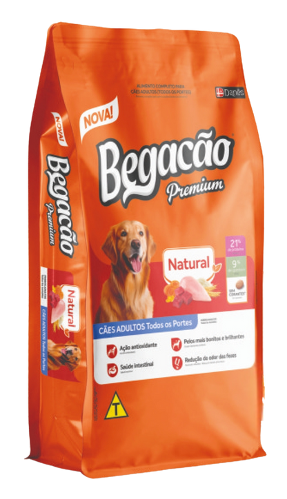 Orange bag of Begacao Premium dog food with a dog on the label.