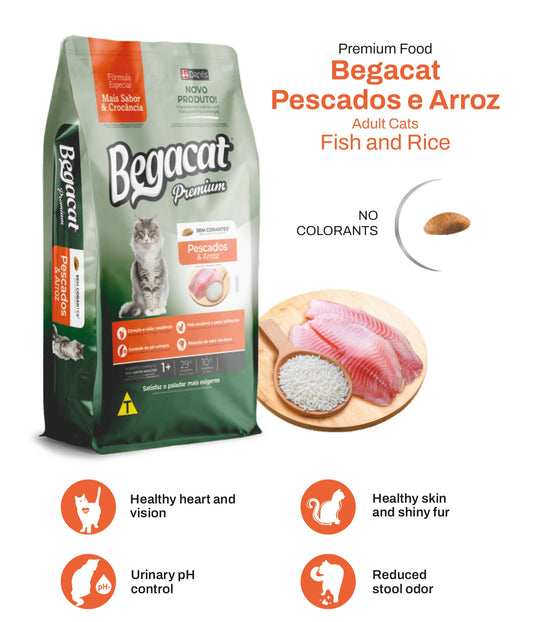 Begacat Premium Fish and Rice cat food package with ingredients and benefits displayed.
