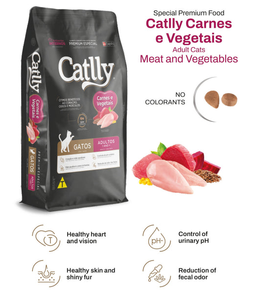 Catlly Meat and Veg cat food package with text and images on a white background