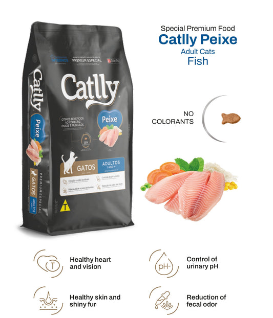 Catlly Fish cat food package with fish illustrations and text on a white background
