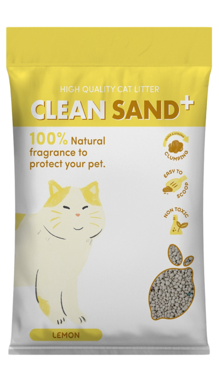 Package of Clean Sand Bentonitecat litter with a cat illustration on a white background