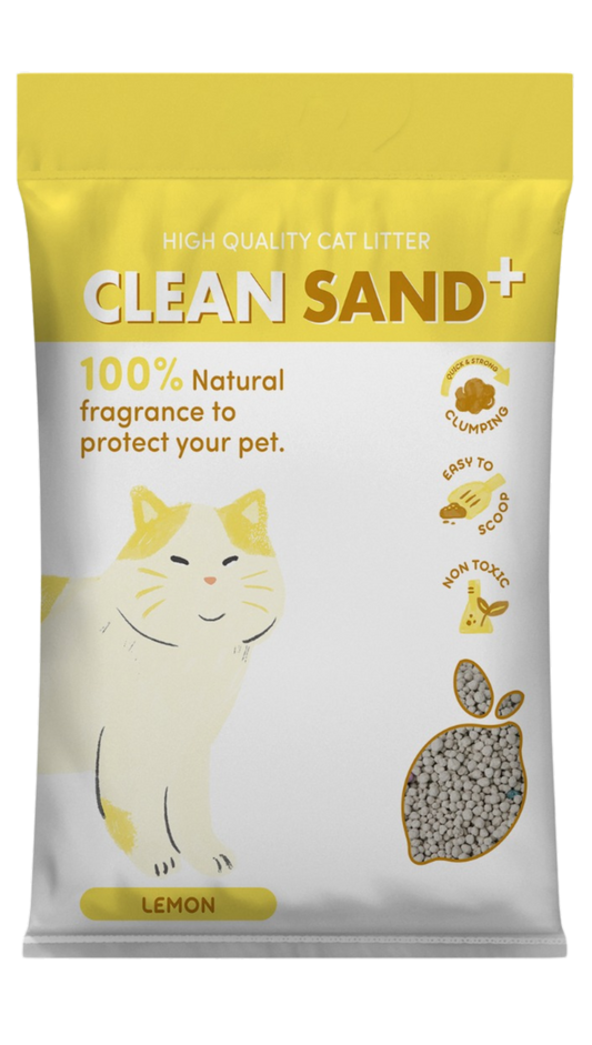 Package of Clean Sand Bentonitecat litter with a cat illustration on a white background