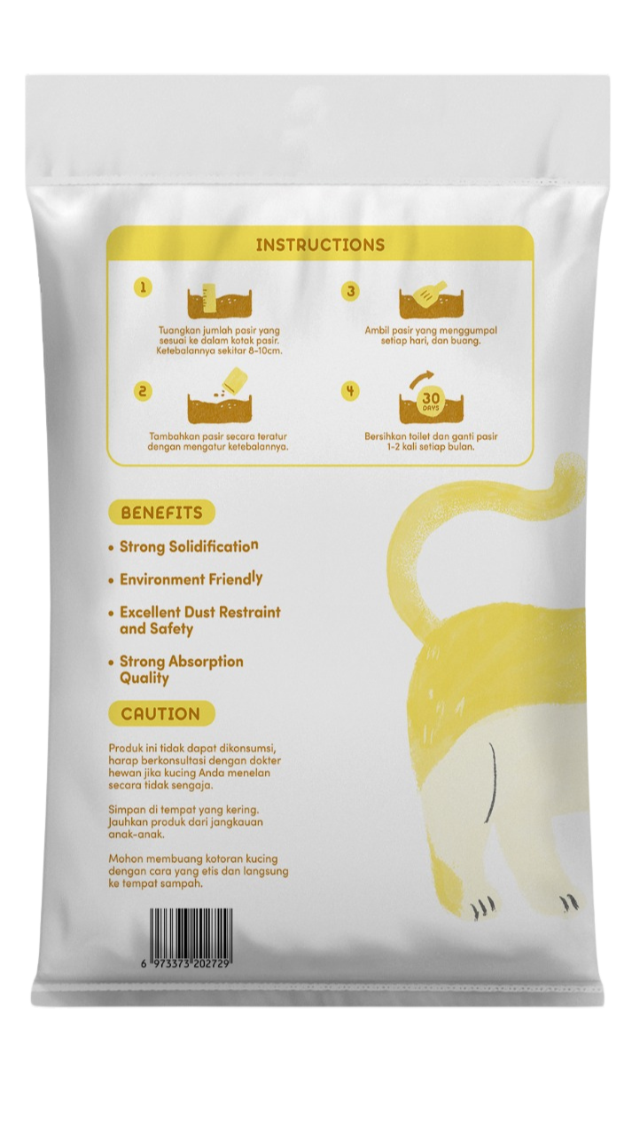 Clean Sand Bentonite Cat LitterProduct packaging with instructions, benefits, and cautionary text on a white background
