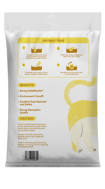 Clean Sand Bentonite Cat LitterProduct packaging with instructions, benefits, and cautionary text on a white background