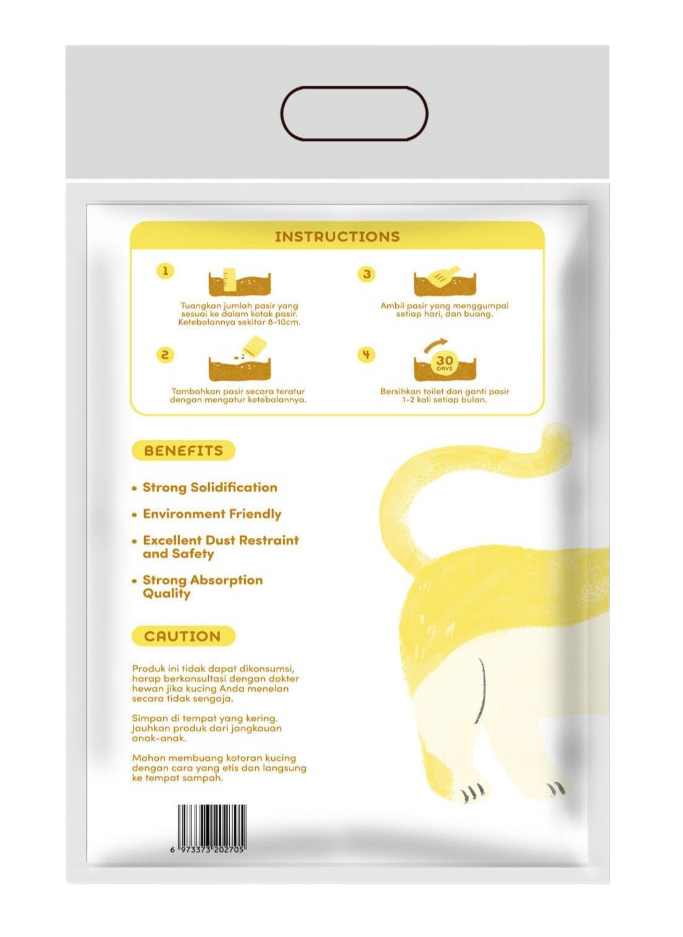 Clean Sand Bentonite Cat Litter .Product packaging with instructions, benefits, and cautionary text on a white background