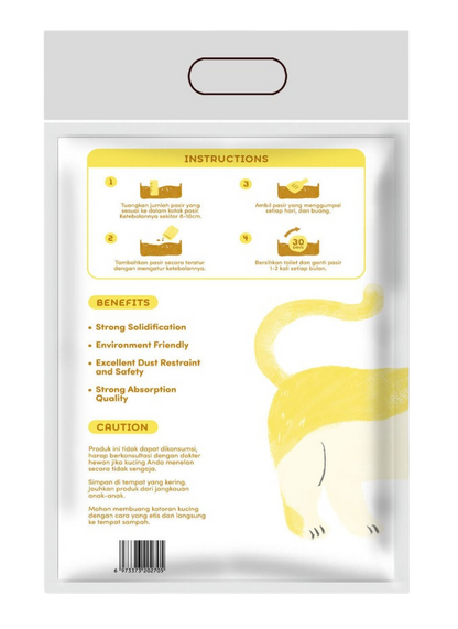 Clean Sand Bentonite Cat Litter .Product packaging with instructions, benefits, and cautionary text on a white background
