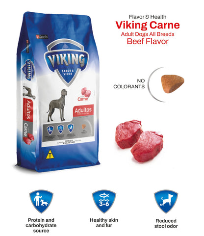 Viking Carne dog food package with beef flavor text and images on a white background