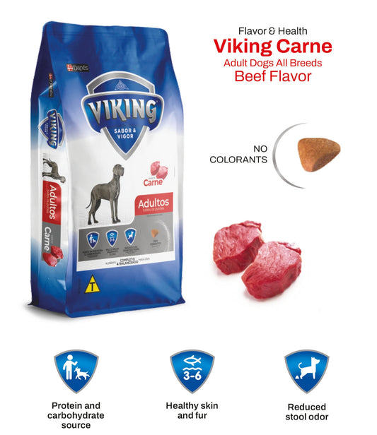Viking Carne dog food package with beef flavor text and images on a white background